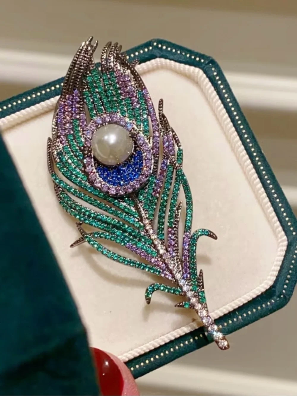 peacock feather brooch embellished colorful cubic zirconia central faux pearl